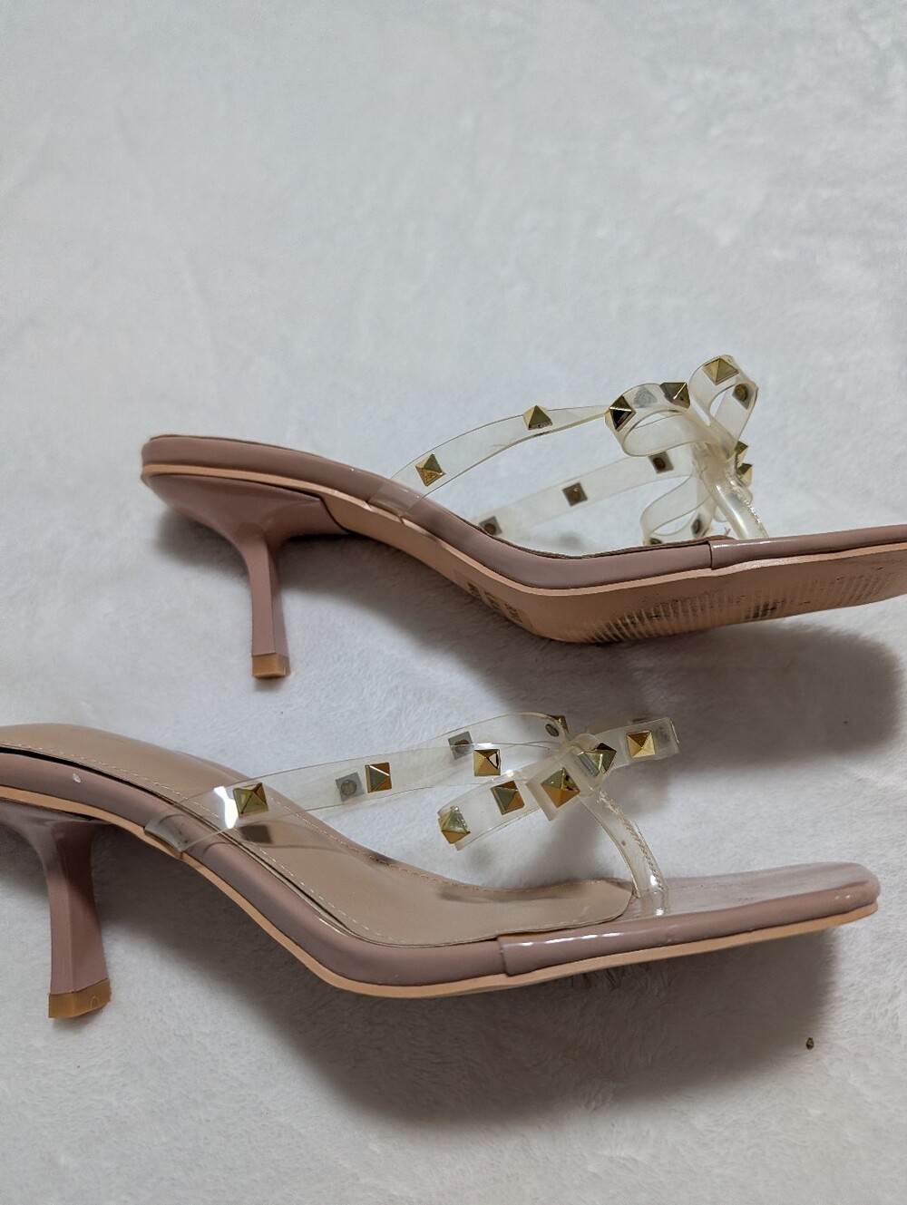 KAYLEEN By Los Angeles Blush Nude Studded Clear-Strap Sandals